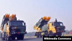 India - Pinaka multiple-launch rocket systems are demonstrated during a military parade.