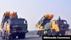 India - Pinaka multiple-launch rocket systems are demonstrated during a military parade. 