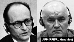 Nazistul Adolf Eichmann, la procesul de la Nuernberg, cel care a organizat și condus exterminarea evreilor în al Doilea Război Mondial, și fostul comandant al sârbilor bosniaci, Ratko Mladic la Tribunalul de la Haga