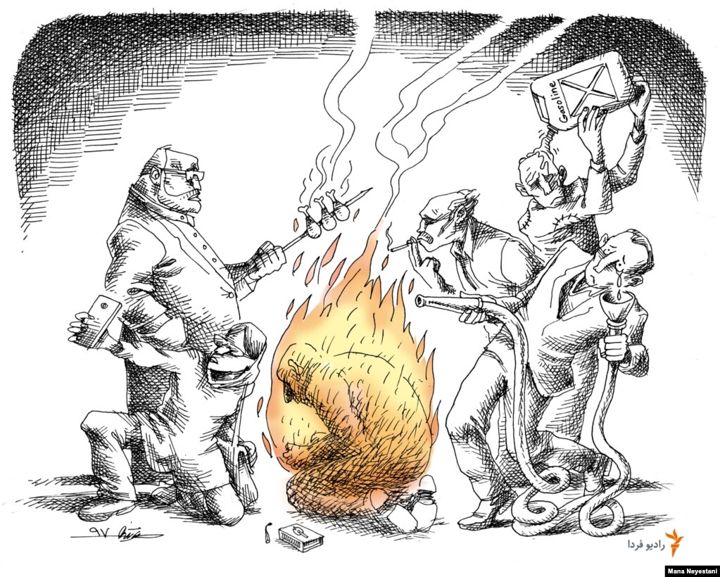 Farda Exclusive -- "Self-immolation" a Cartoon By Iranian Cartoonist Mana Neyestani.