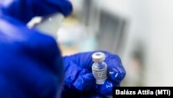 A Pfizer–BioNTech oltásának ampulláját fertőtlenítik Nyíregyházán 2021. június 30-án