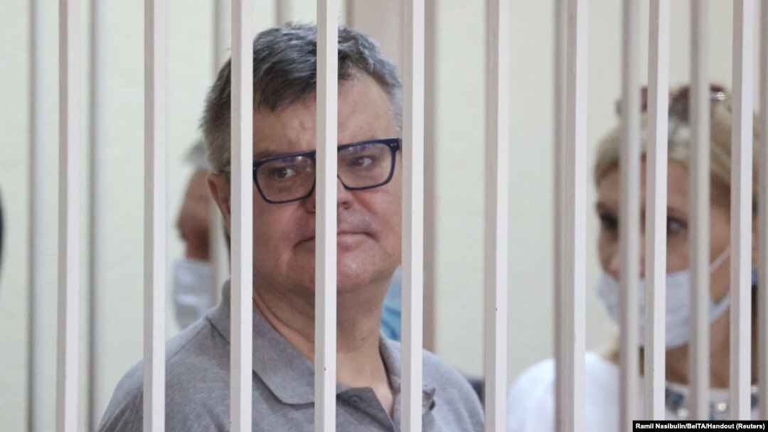 BELARUS - Former Belarusian presidential contender Viktor Babariko (Viktar Babaryka), who was arrested last June on corruption charges, attends a court hearing in Minsk, 6Jul2021