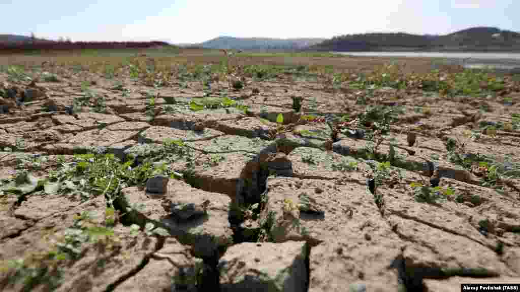 Dried, cracked mud at the bottom of the Simferopol Reservoir. Ukrainian authorities say they will only consider reopening the canal that brings water to Crimea once Russia ends what Kyiv calls its occupation of the peninsula.