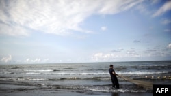 An Iranian fisherman pulls in his almost empty net after an unsuccessful fishing trip in the Caspian Sea in Koshk Estalkh village near the northern port city of Bandar-e Anzali on November 1, 2013. An environmental expert in Iran, told Isna news agency on