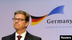 U.S. -- Germany's Foreign Minister Guido Westerwelle speaks during an event to promote Germany's candidacy for the United Nation's Human Rights Council, New York, 12Apr2012