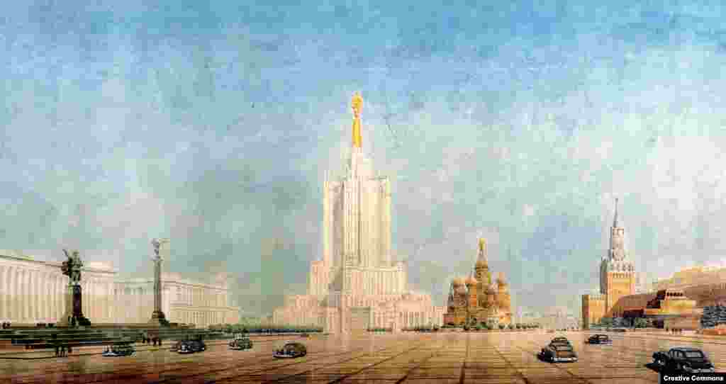 The eighth sister was to have been the largest and most disruptive to Moscow’s skyline. Although work got under way on the foundations, Stalin’s death and Khrushchev’s angst over “architectural excesses” put the kibosh on the tower.
