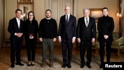 From left to right: Swedish PM Ulf Kristersson, Icelandic PM Katrin Jakobsdottir, Ukrainian President Volodymyr Zelenskiy, Norwegian PM Jonas Gahr Store, Finnish President Sauli Niinisto, and Danish PM Mette Frederiksen pose for a picture in Oslo on December 13.
