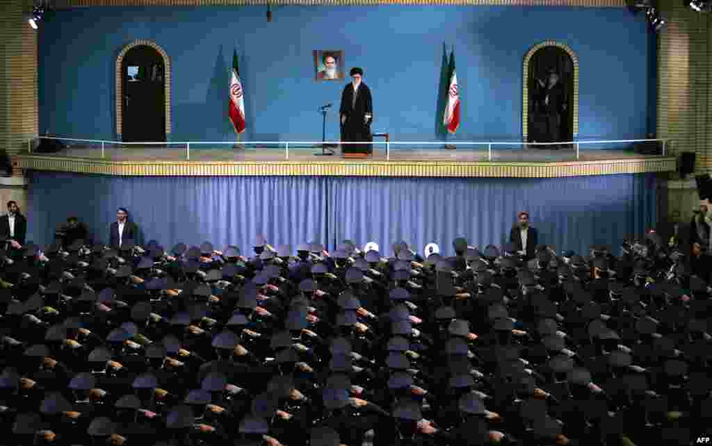 Iranian Air Force commanders salute Supreme Leader Ayatollah Ali Khamenei during a meeting in Tehran. (AFP/Khamenei website)