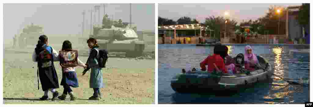Left: Schoolgirls walk past U.S. tanks on November 5, 2003, in the Baghdad suburb of Abu Ghraib. Right: Women and kids ride in a rubber dinghy at an amusement park on February 4, 2013.