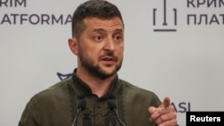 Ukrainian President Volodymyr Zelenskiy speaks on August 23 during the Crimea Platform, an annual forum organized by Kyiv to ensure Russia's forceful annexation of the peninsula remains in the global spotlight. 