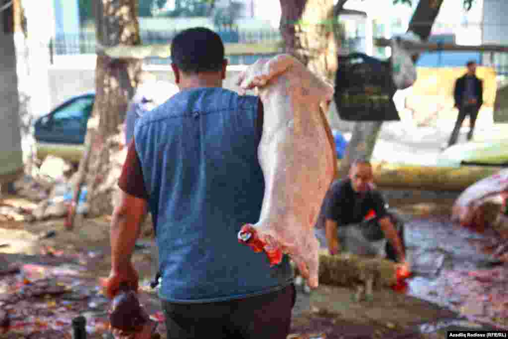 Sacrifice on Eid al-Adha day in the mosque of Tazapir center of Baku, Azerbaijan.