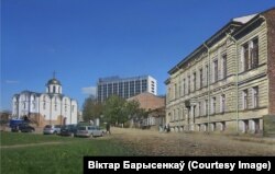 Будынак банку ў сучасным краявідзе. Фотапраекцыя Віктара Барысенкава