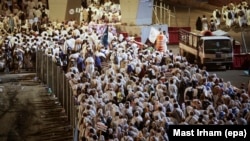 Muslim worshippers march toward Mena during the hajj pilgrimage.