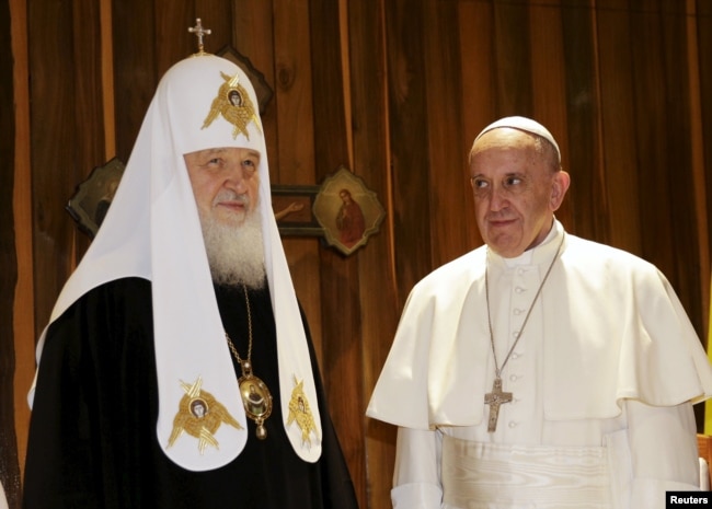 Pope Francis (right) looks at Russian Orthodox Patriarch Kirill during a meeting in Havana, Cuba, in 2016.