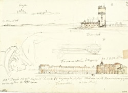 A page from Mikhailov’s sketch pad showing snippets of the port of Lisbon, one of the last stops the expedition made before returning home to Russia.