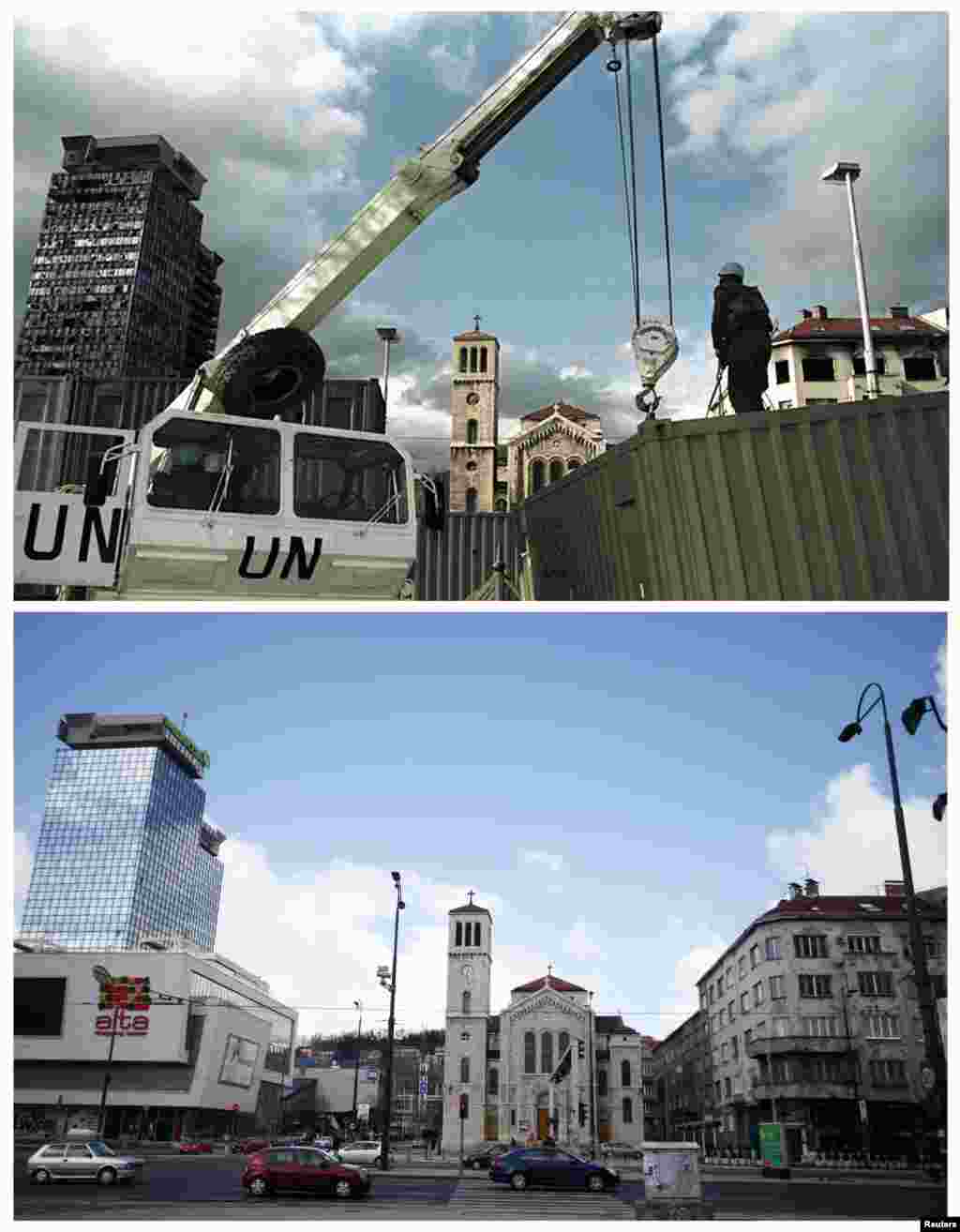 A UN peacekeeper stands in front of the damaged United Investment and Trading Company towers and an Orthodox church in Sarajevo in March 1993. The renovated towers on April 1, 2012.