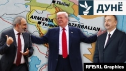 Никол Пашинян, нахуствазири Арманистон (чап), Доналд Трамп, раисҷумҳури Амрико (байн) ва Илҳом Алиев, раисҷумҳури Озарбойҷон (рост). Коллаж