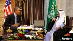 АҚШ президенті Барак Обама мен Сауд Арабиясы королі Абдалла бен Абдел Азиз Әл Сауд. Эр-Рияд, 28 наурыз 2014 жыл. 