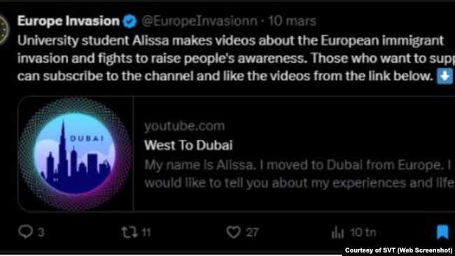 Martda "Europe Invasion" "West To Dubai" YouTube kanalını və "Alissa" adlı uydurma personajın yer aldığı videoları təbliğ edib.