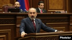 Armenin Prime Minister Nikol Pashinian appears in parliament on May 3.