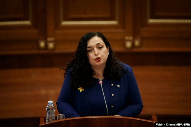 Presidentja e Kosovës, Vjosa Osmani në fjalimin e saj të parë, pasi e ka fituar pozitën e presidentes më 4 prill 2021.