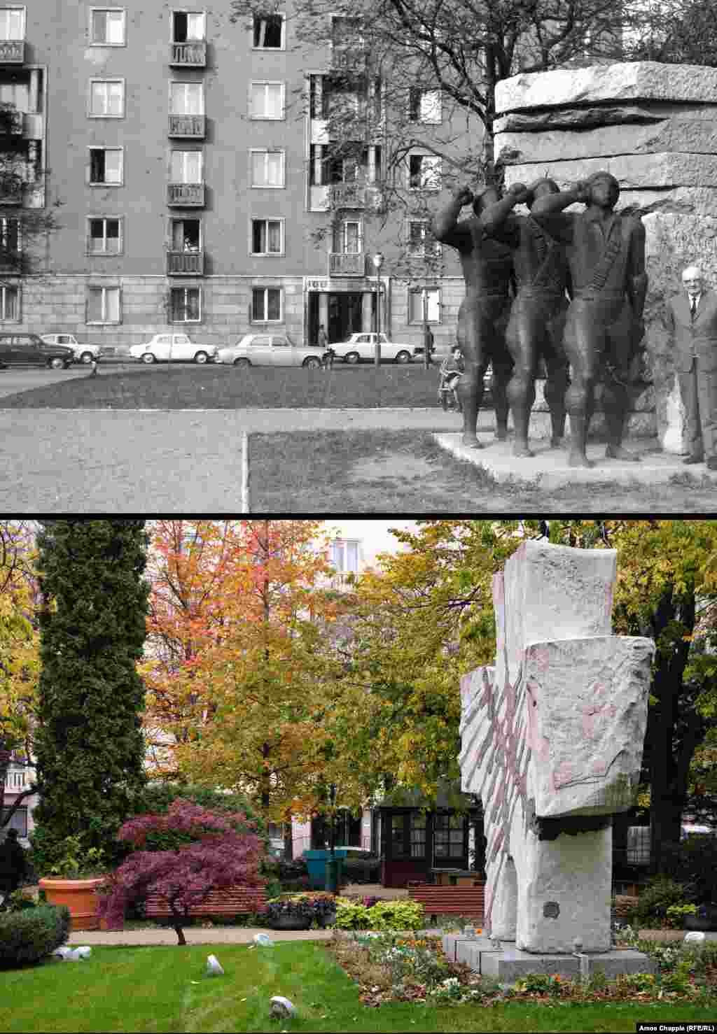Budapest 1974-2019 A Red Army memorial in a central Budapest park (top), replaced with a giant stone cross. An inscription dedicates the new monument to “our compatriots who died in Soviet labor camps.” 1974 photo: Fortepan/Gyongyi