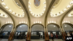 A subway train stops at the Mayakovskaya station in Moscow.