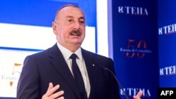 Azerbaijani President Ilham Aliyev speaks at the Villa d'Este on Lake Como in Cernobbio, northern Italy, on September 6.