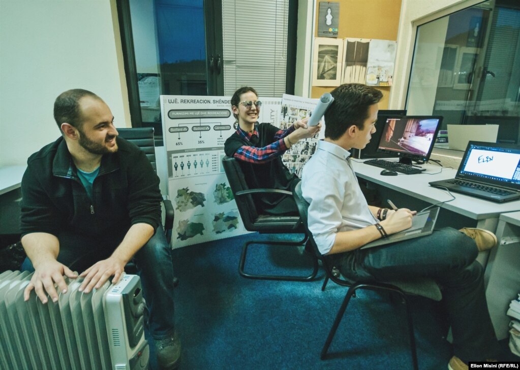 Media students in central Pristina. Elion Misini (right) says he set up his camera to take a photo every second. "I just wanted to show our everyday work, so I left the camera taking photos while we worked." With no central heating in much of Kosovo, portable heaters are an essential item to survive the Balkan winters.