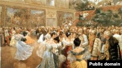 Aristocrați în jurul Împăratului Franz Josef la un bal la Palatul imperial Hofburg din Viena. „Hofball in Wien”, acuarelă de Wilhelm Gause (1900).