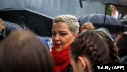 Belarusian opposition politician Maryya Kalesnikava attends a rally to protest against the disputed August 9 presidential election results in Minsk on September 6.