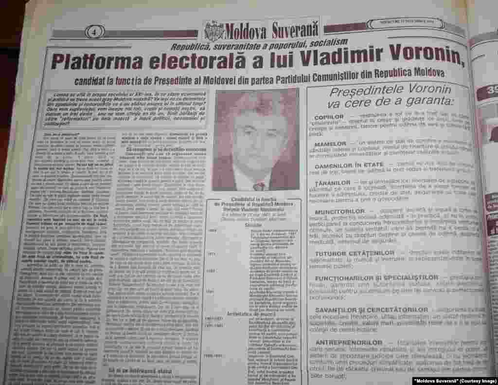 &quot;Moldova Suverană&quot;, 13 noiembrie 1996, platforma liderului comuniştilor Vladimir Voronin