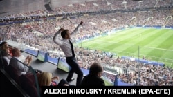 French President Emmanuel Macron celebrates his country scoring a goal at the soccer World Cup final in Moscow on July 15. 