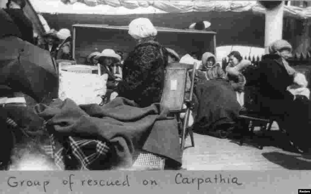 A group of survivors of the &quot;Titanic&quot; disaster aboard the &quot;Carpathia&quot; after being rescued.