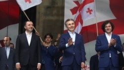 Georgian Dream leaders taking part in a rally in support of the "foreign agent" law in Tbilisi on April 29.