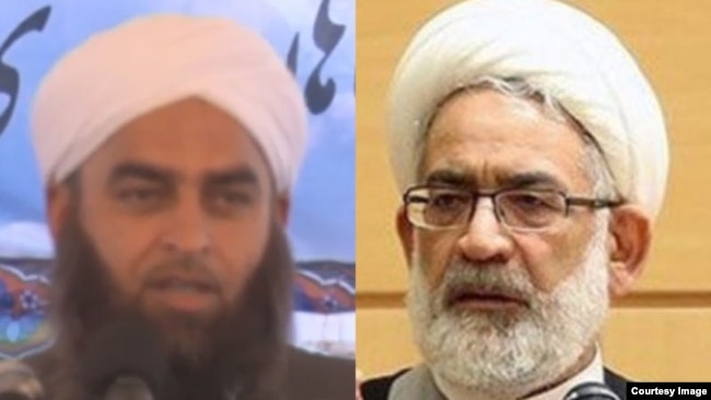 Attorney General, Mohammad Jafar Montazeri (R)and Molavi Tayeb Mollazehi, Imam of Iranshahr