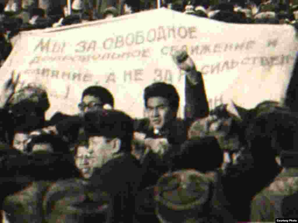 Участники демонстрации держат плакат с надписью: &laquo;Мы за свободное добровольное сближение и слияние, а не за насильственное...&raquo;