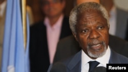 UN peace envoy Kofi Annan speaks to the media at a hotel after returning from a meeting with President Bashar al-Assad in Damascus on July 9.