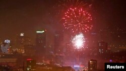 Fireworks explode during New Year's celebrations in Sarajevo.