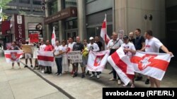 Protesters rally in New York near the Belarusian Consulate in August 2020 following an election many Belarusians and Western governments believe was rigged.