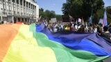 Activists take part in an LGBT Pride march in Sarajevo in August 2021.