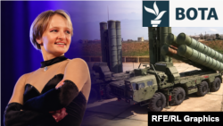 A collage image shows of Russian President Vladimir Putin's youngest daughter, Katerina Tikhonova and Russian S-400 air-defense system.