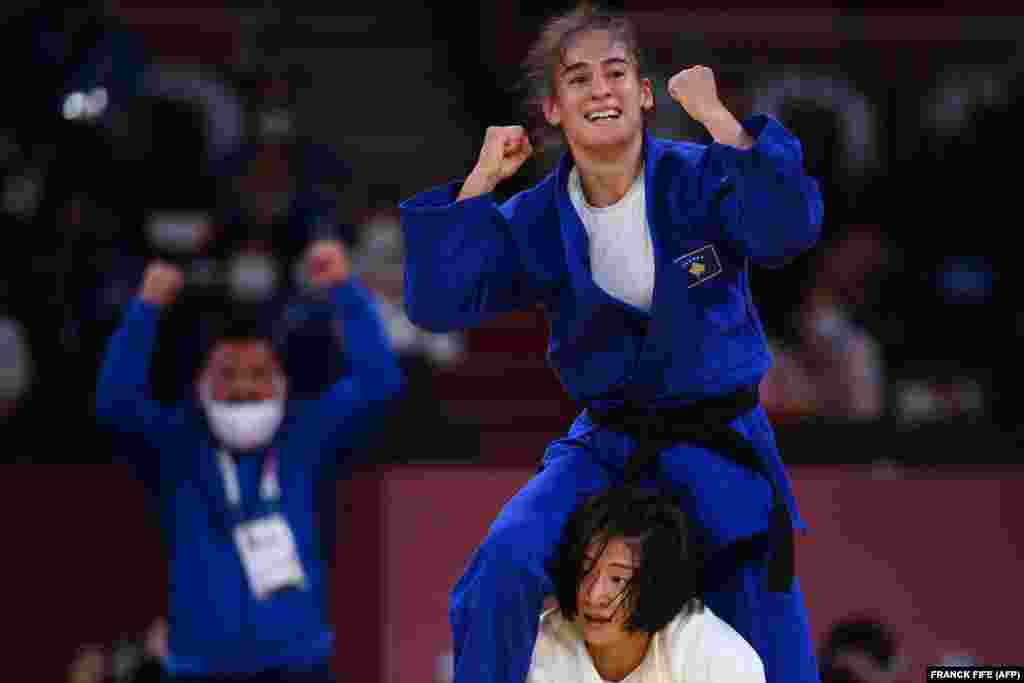 Kosovo&#39;s Nora Gjakova reacts after defeating Japan&#39;s Tsukasa Yoshida in a women&#39;s judo bout at the Olympic Games in Tokyo.&nbsp;