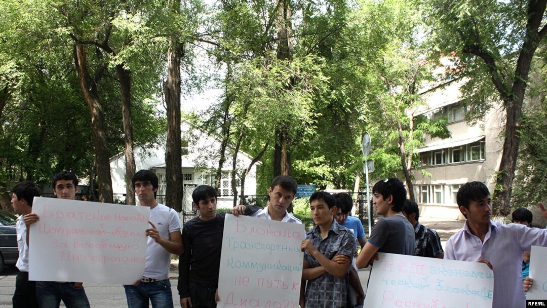 At an earlier protest, Tajik students also demanded the resumption of rail links.