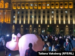 Розовото прасе-касичка и хората около него преди началото на протеста в София.