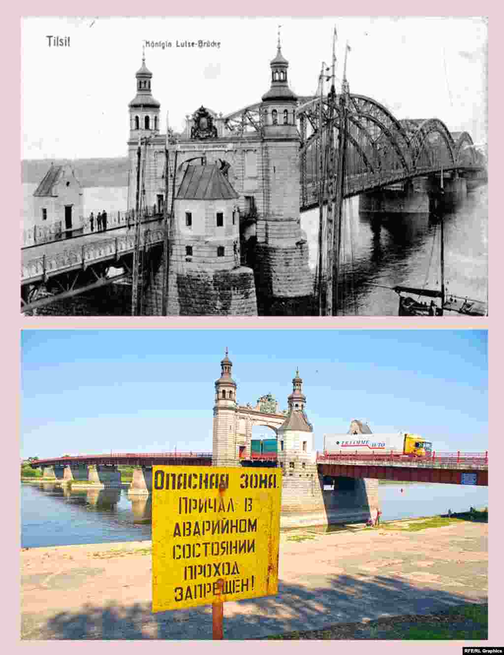 Sovetsk (formerly Tilsit), frontier road bridge across the Neman (formerly Queen Louise Bridge) The bridge, named after the wife of Prussian King Friedrich Wilhelm III, was built in 1907 to mark the centenary of the Peace of Tilsit with Napoleon. The bridge portal, which looks similar to the triumphal arch, was decorated with a bas-relief of Queen Louise (1776 - 1810). After World War I, it became a border bridge. Customs and a checkpoint were functioning until 1939, when the Memel region -- previously belonging to Lithuania -- became a part of Germany. In October 1944, German troops blew the bridge up during their retreat. In 1947, it was restored but a bas-relief of Queen Louise was taken down. In 1964, symbols of the Soviet state took its place and were not removed until 1995. Today, the bridge is a border bridge once again. Customs and truck parking occupy almost the entire square in front of it.&nbsp; &nbsp;