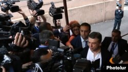 Armenia - Prime Minister Karen Karapetian speaks to journalists outside a polling station in Yerevan, 14 May 2017.