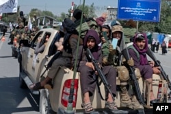 Armed Taliban fighters ride on vehicles parade as they celebrate the first anniversary of the withdrawal of US-led troops from Afghanistan, in Kabul on August 31, 2022.