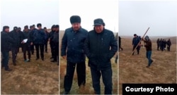 Kholbek Kubaev (center right), the head of the Qushrabot Youth Affairs Department, has not clarified the situation regarding farmland that was reallocated and presented to young farmers and then apparently taken back again.