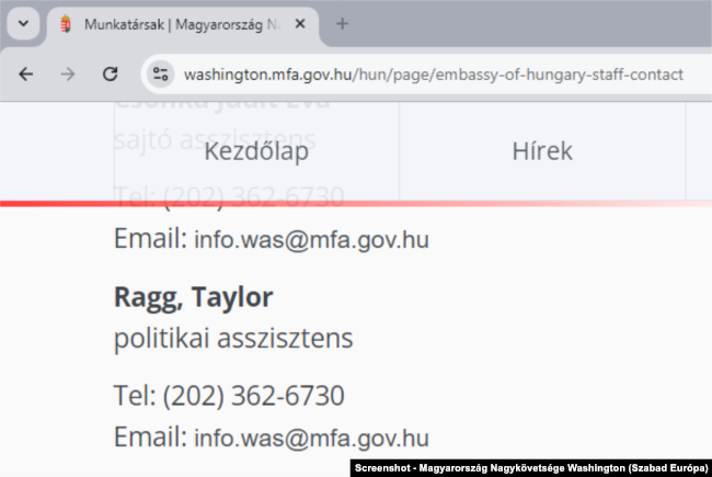 Emri i Taylor Ragg figuron në ueb-faqen e Ambasadës hungareze në SHBA.